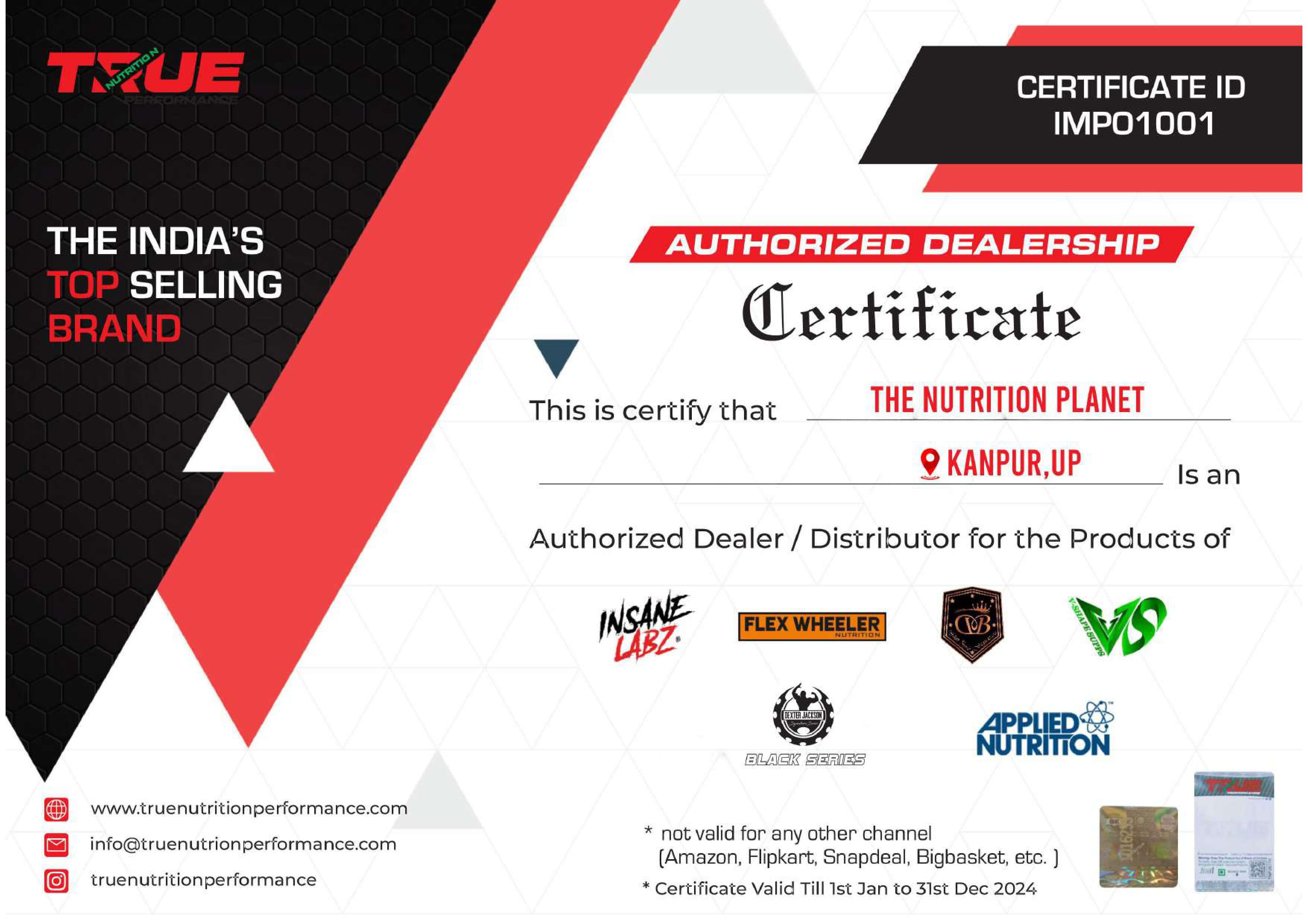 Authorized Dealership Certificate From TRUE Nutrition